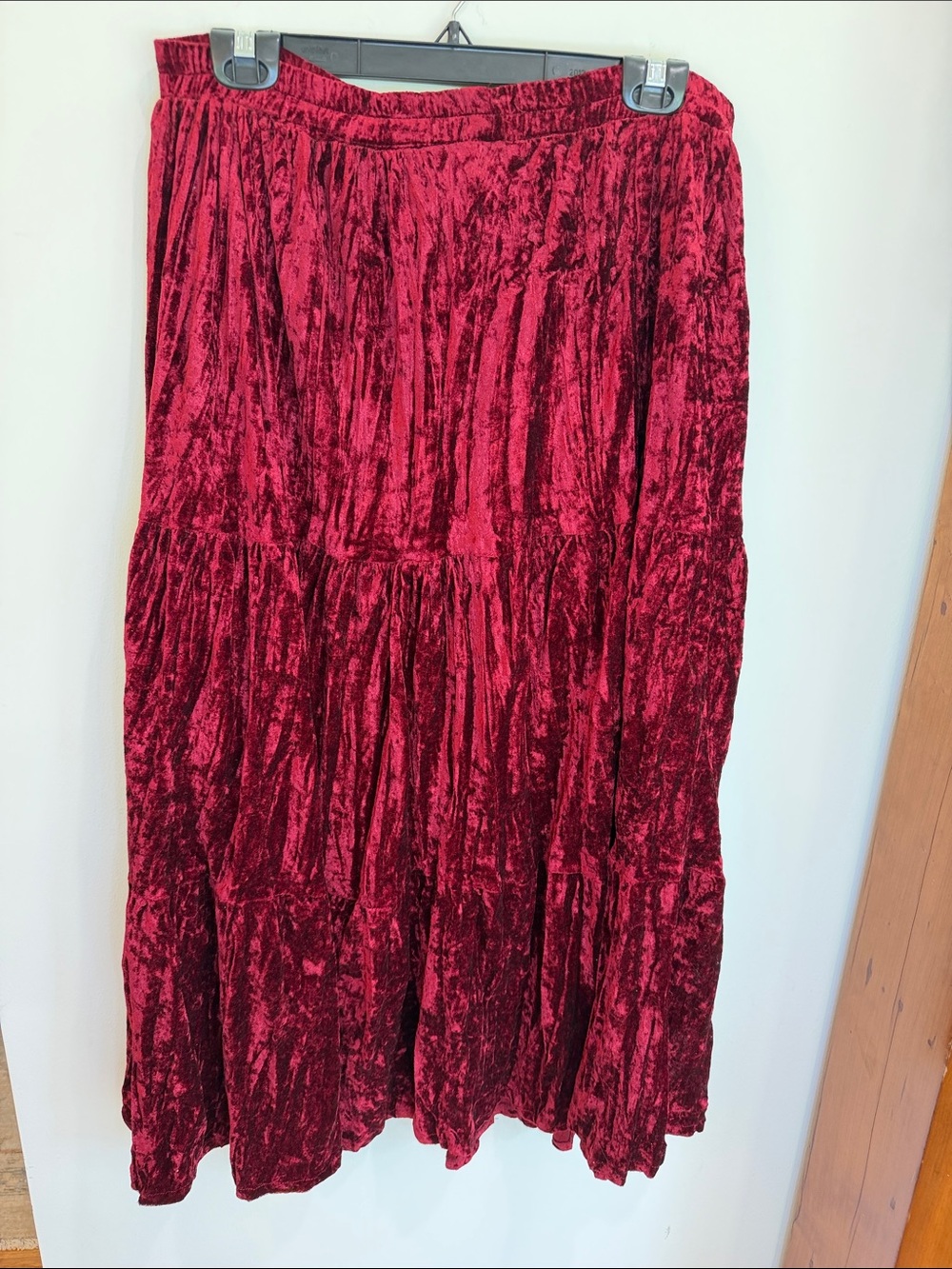 Vintage On the Rocks California Burgundy Crushed Velvet Tiered Maxi Skirt
